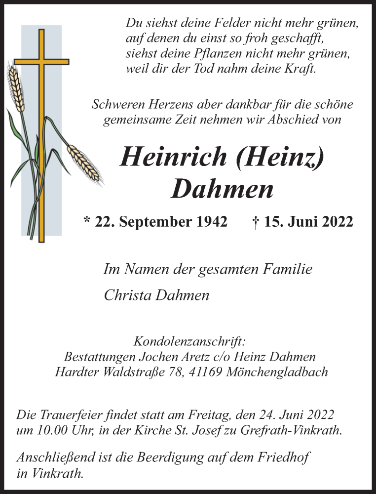  Traueranzeige für Heinrich Dahmen vom 19.06.2022 aus trauer.extra-tipp-moenchengladbach.de