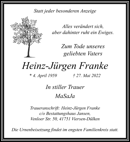 Traueranzeige von Heinz-Jürgen Franke von trauer.extra-tipp-moenchengladbach.de