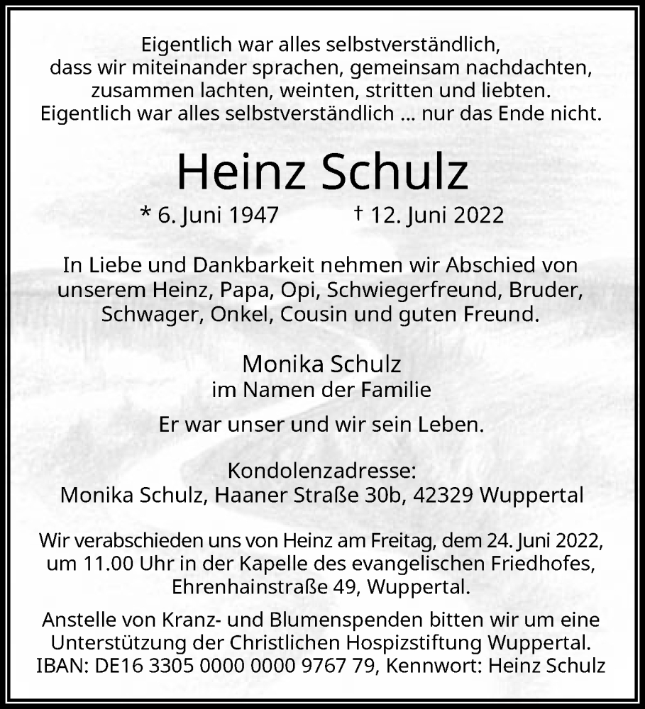  Traueranzeige für Heinz Schulz vom 18.06.2022 aus trauer.wuppertaler-rundschau.de