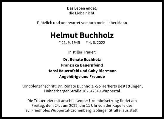 Traueranzeige von Helmut Buchholz von trauer.wuppertaler-rundschau.de