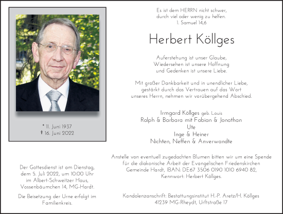 Traueranzeige von Herbert Köllges von trauer.extra-tipp-moenchengladbach.de