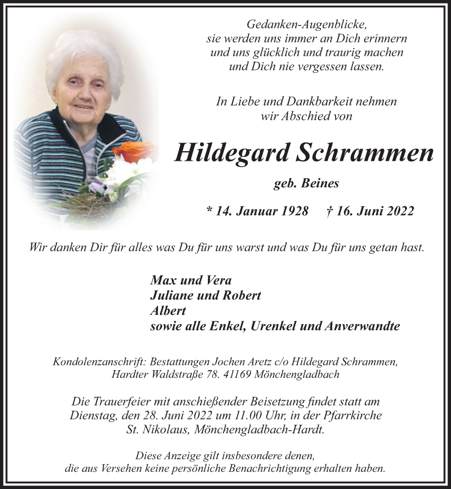  Traueranzeige für Hildegard Schrammen vom 26.06.2022 aus trauer.extra-tipp-moenchengladbach.de