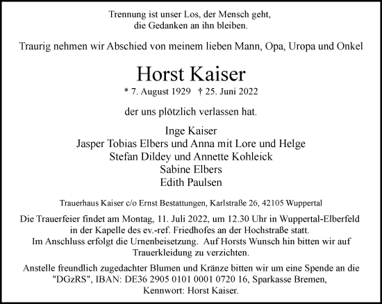 Traueranzeige von Horst Kaiser von trauer.wuppertaler-rundschau.de