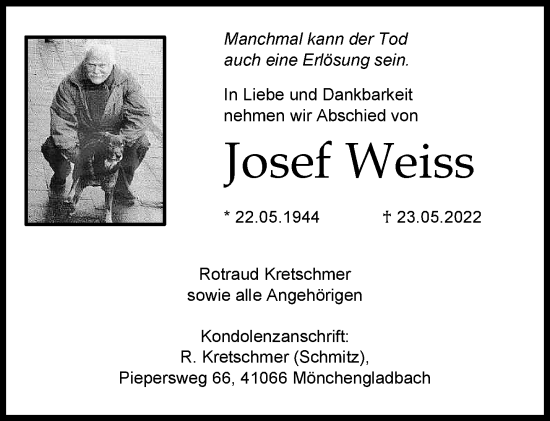 Traueranzeige von Josef Weiss von trauer.extra-tipp-moenchengladbach.de