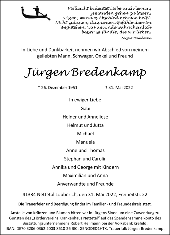 Traueranzeige von Jürgen Bredenkamp von trauer.extra-tipp-moenchengladbach.de