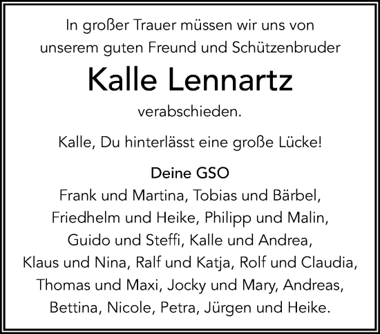 Traueranzeige von Kalle Lennartz von trauer.mein.krefeld.de