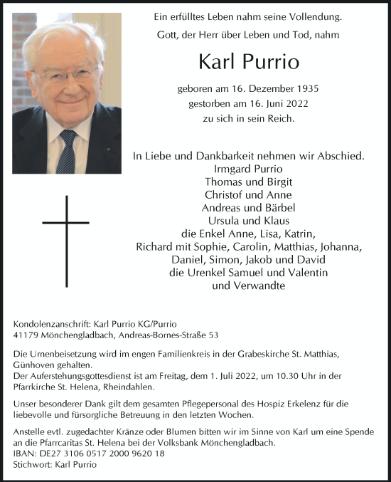 Traueranzeige von Karl Purrio von trauer.extra-tipp-moenchengladbach.de