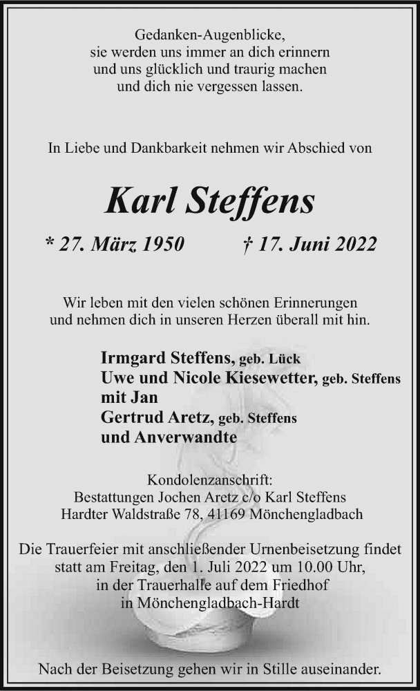  Traueranzeige für Karl Steffens vom 26.06.2022 aus trauer.extra-tipp-moenchengladbach.de