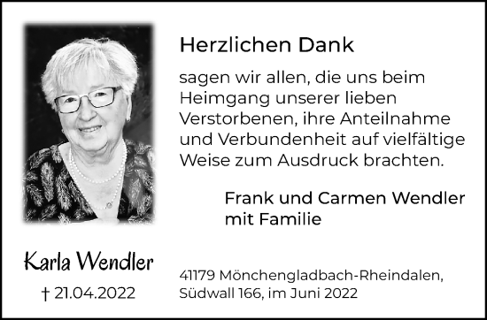 Traueranzeige von Karla Wendler von trauer.extra-tipp-moenchengladbach.de