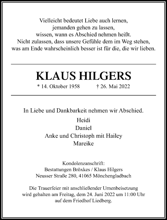 Traueranzeige von Klaus Hilgers von trauer.extra-tipp-moenchengladbach.de