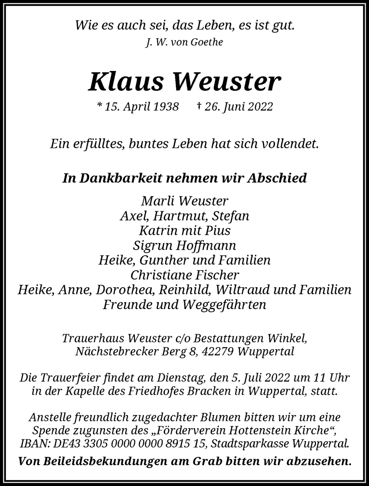  Traueranzeige für Klaus Weuster vom 02.07.2022 aus trauer.wuppertaler-rundschau.de