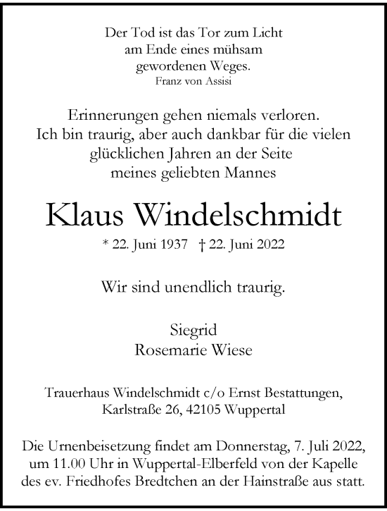 Traueranzeige von Klaus Windelschmidt von trauer.wuppertaler-rundschau.de