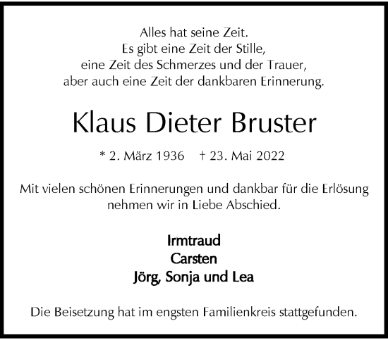 Traueranzeige von Klaus Dieter Bruster von trauer.wuppertaler-rundschau.de