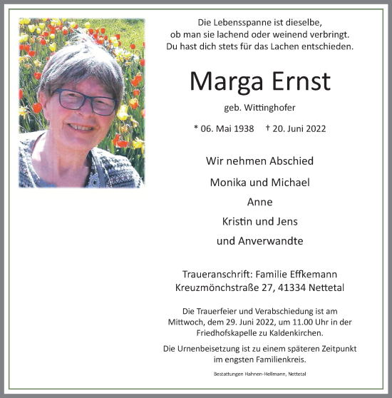 Traueranzeige von Marga Ernst von trauer.extra-tipp-moenchengladbach.de