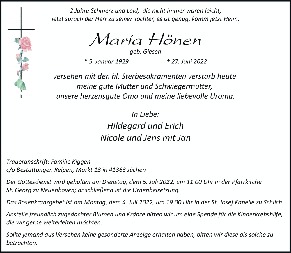  Traueranzeige für Maria Hönen vom 02.07.2022 aus trauer.stadt-kurier.de