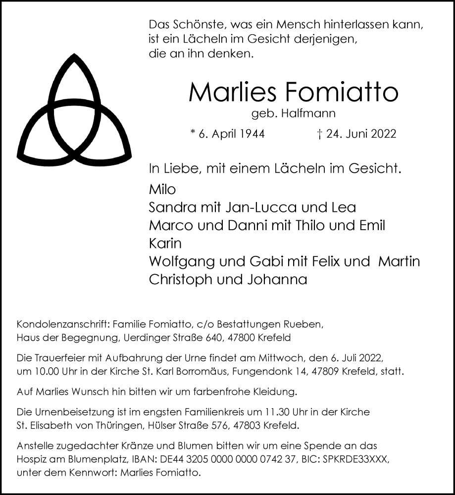  Traueranzeige für Marlies Fomiatto vom 03.07.2022 aus trauer.mein.krefeld.de