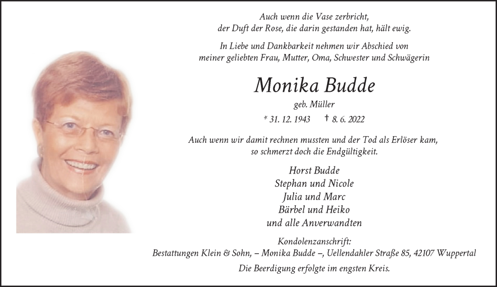  Traueranzeige für Monika Budde vom 18.06.2022 aus trauer.wuppertaler-rundschau.de