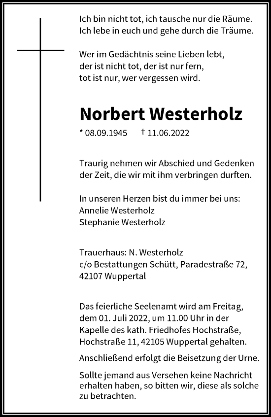 Traueranzeige von Norbert Westerholz von trauer.wuppertaler-rundschau.de