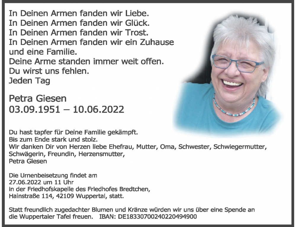  Traueranzeige für Petra Giesen vom 18.06.2022 aus trauer.wuppertaler-rundschau.de