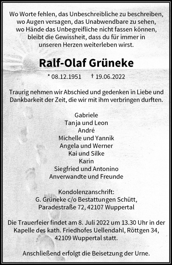 Traueranzeige von Ralf-Olaf Grüneke von trauer.wuppertaler-rundschau.de
