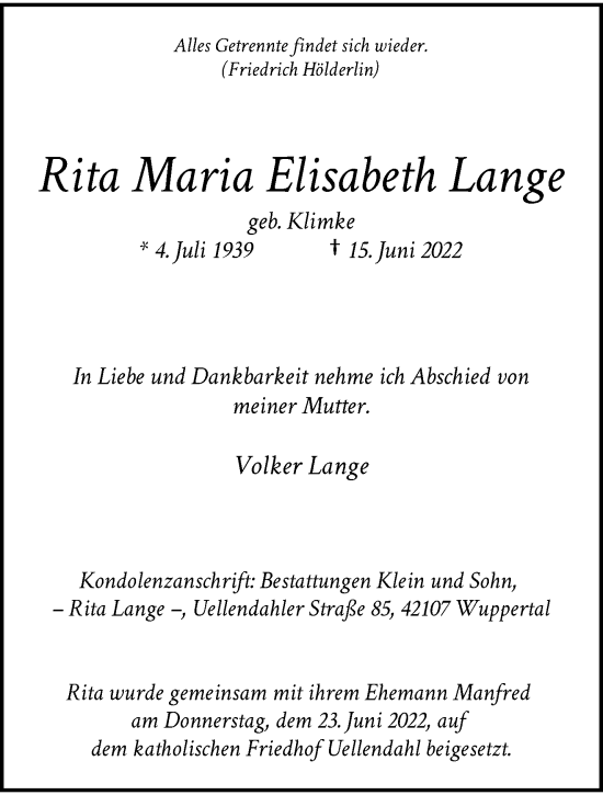 Traueranzeige von Rita Maria Elisabeth Lange von trauer.wuppertaler-rundschau.de