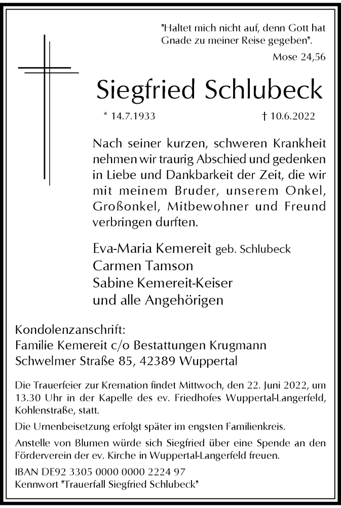  Traueranzeige für Siegfried Schlubeck vom 18.06.2022 aus trauer.wuppertaler-rundschau.de
