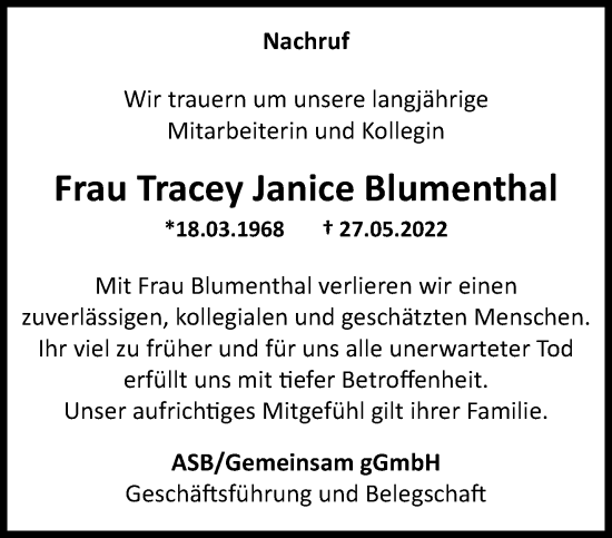 Traueranzeige von Tracey Janice Blumenthal von trauer.extra-tipp-moenchengladbach.de