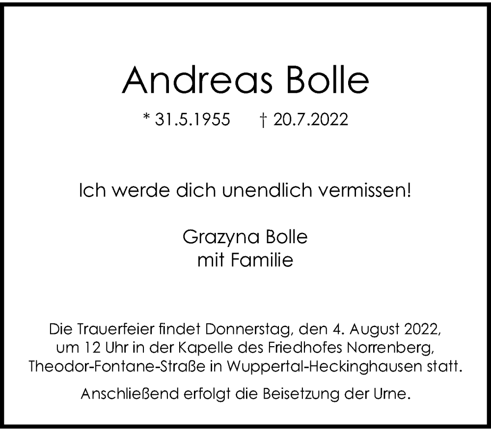  Traueranzeige für Andreas Bolle vom 30.07.2022 aus trauer.wuppertaler-rundschau.de