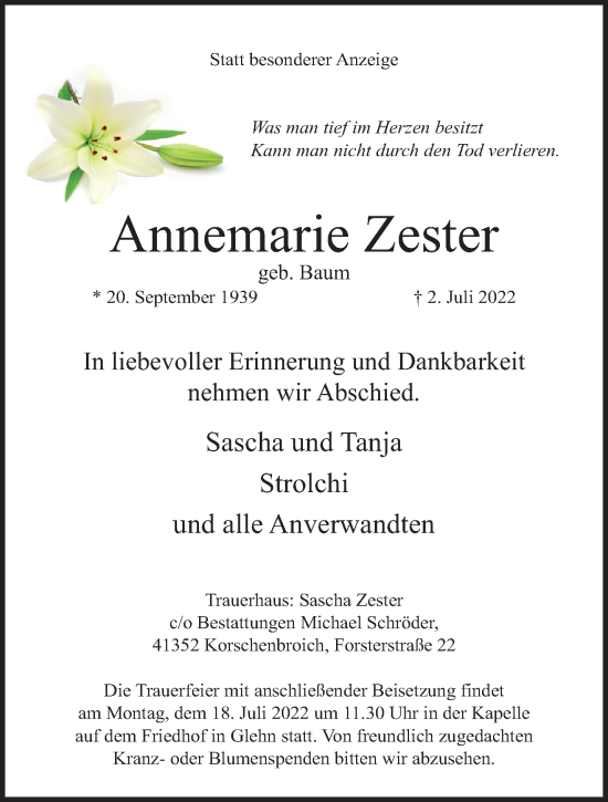 Traueranzeige von Annemarie Zester von trauer.extra-tipp-moenchengladbach.de