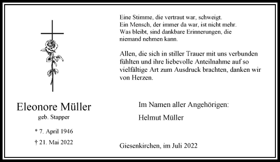 Traueranzeige von Eleonore Müller von trauer.extra-tipp-moenchengladbach.de