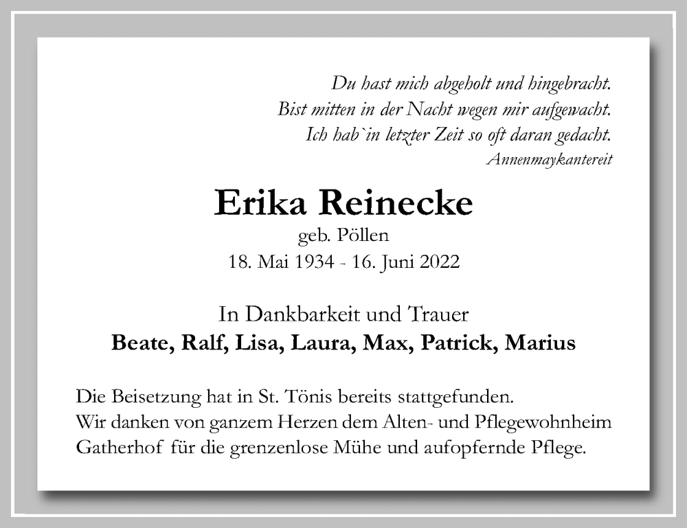  Traueranzeige für Erika Reinecke vom 03.07.2022 aus trauer.mein.krefeld.de