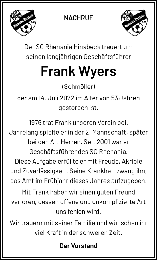 Traueranzeige von Frank Wyers von trauer.extra-tipp-moenchengladbach.de