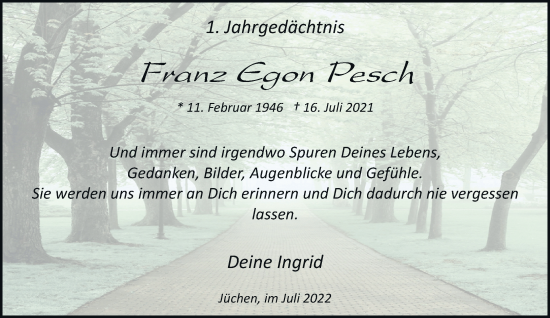 Traueranzeige von Franz Egon Pesch von trauer.stadt-kurier.de