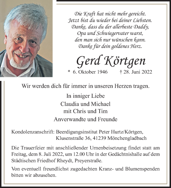 Traueranzeige von Gerd Körtgen von trauer.extra-tipp-moenchengladbach.de