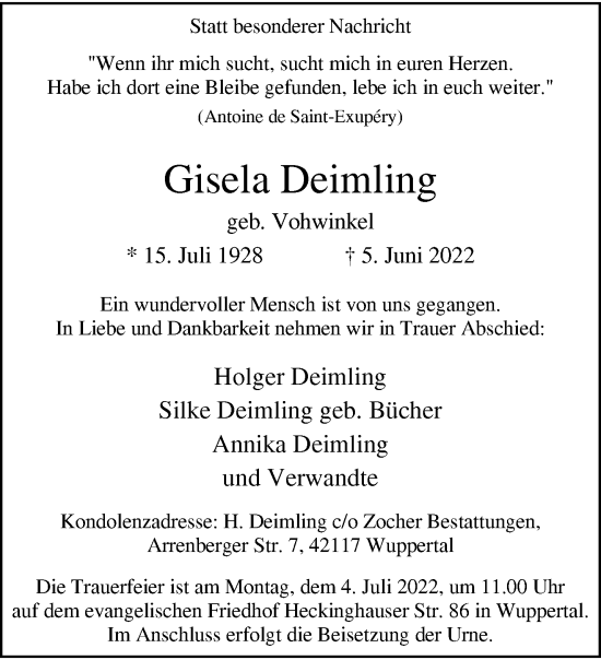 Traueranzeige von Gisela Deimling von trauer.wuppertaler-rundschau.de