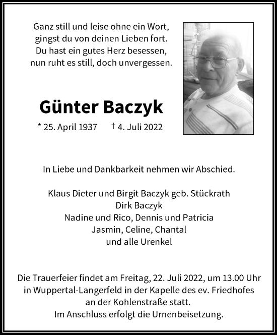 Traueranzeige von Günter Baczyk von trauer.wuppertaler-rundschau.de