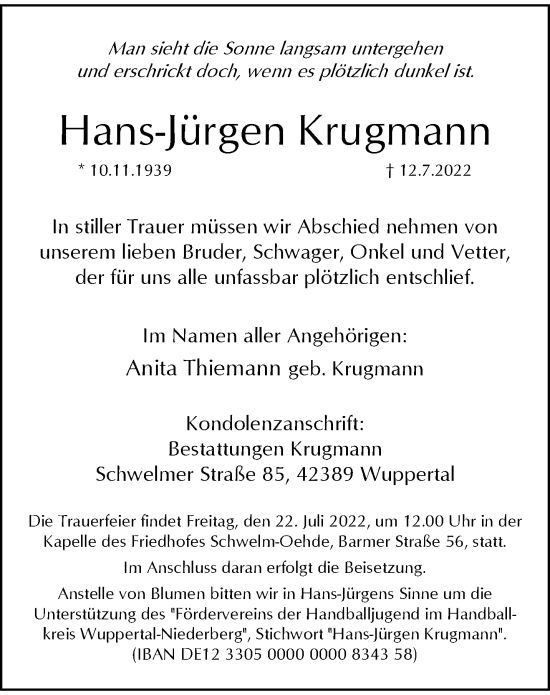 Traueranzeige von Hans-Jürgen Krugmann von trauer.wuppertaler-rundschau.de