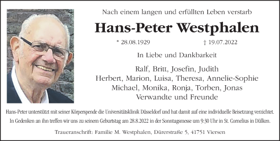 Traueranzeige von Hans-Peter Westphalen von trauer.extra-tipp-moenchengladbach.de