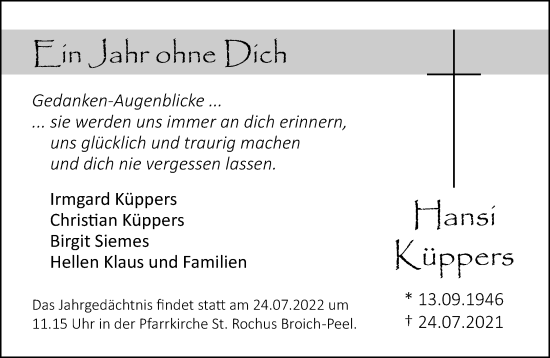 Traueranzeige von Hansi Küppers von trauer.extra-tipp-moenchengladbach.de