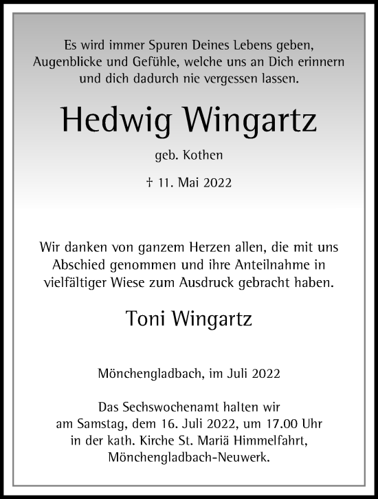 Traueranzeige von Hedwig Wingartz von trauer.extra-tipp-moenchengladbach.de