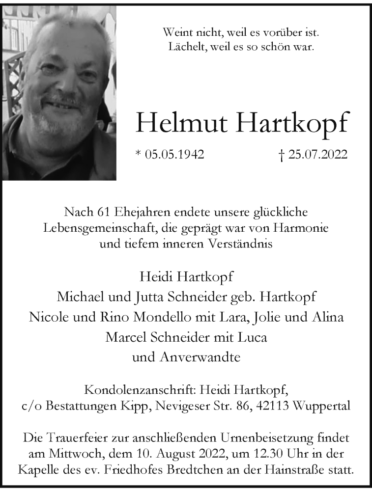  Traueranzeige für Helmut Hartkopf vom 30.07.2022 aus trauer.wuppertaler-rundschau.de