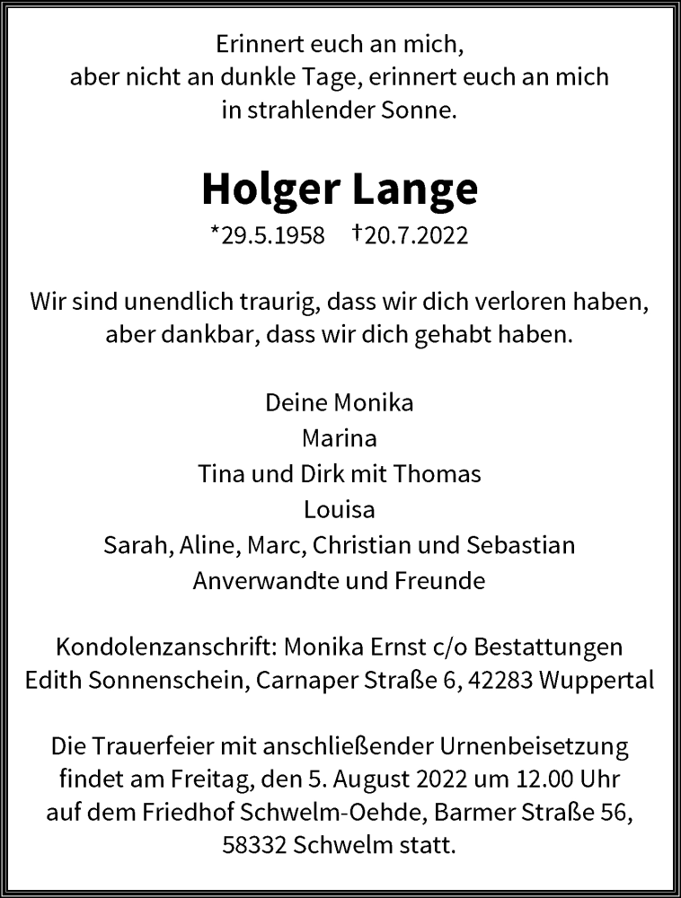  Traueranzeige für Holger Lange vom 30.07.2022 aus trauer.wuppertaler-rundschau.de