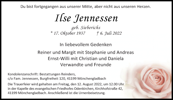 Traueranzeige von Ilse Jennessen von trauer.extra-tipp-moenchengladbach.de