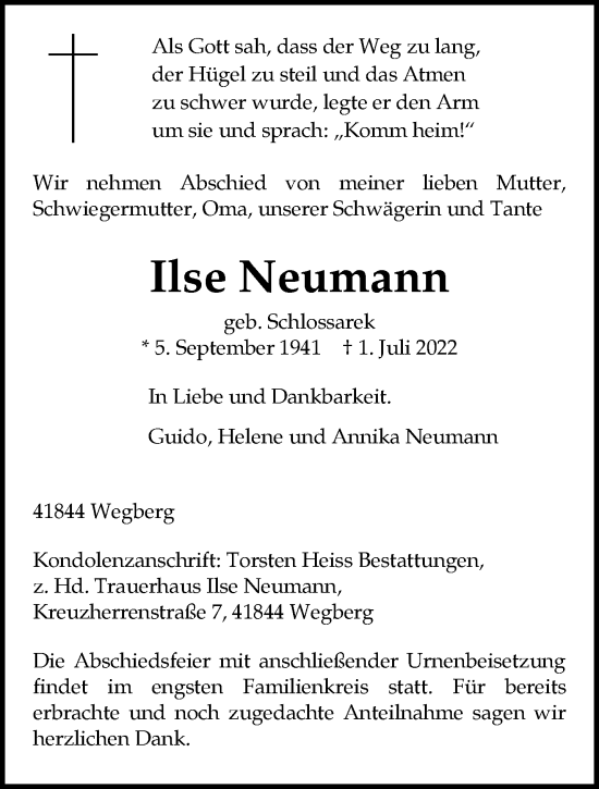 Traueranzeige von Ilse Neumann von trauer.extra-tipp-moenchengladbach.de