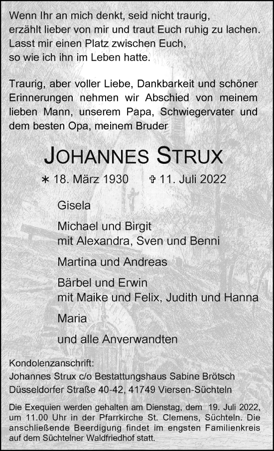 Traueranzeige von Johannes Strux von trauer.extra-tipp-moenchengladbach.de