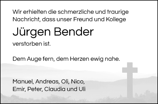 Traueranzeige von Jürgen Bender von trauer.extra-tipp-moenchengladbach.de