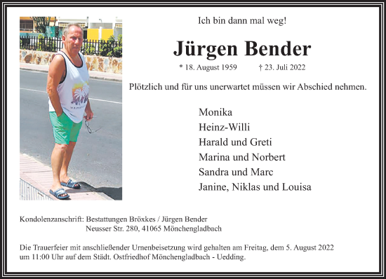 Traueranzeige von Jürgen Bender von trauer.extra-tipp-moenchengladbach.de