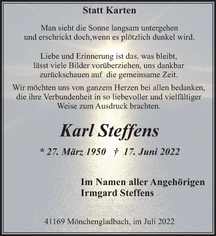  Traueranzeige für Karl Steffens vom 24.07.2022 aus trauer.extra-tipp-moenchengladbach.de