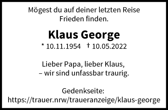 Traueranzeige von Klaus George von trauer.wuppertaler-rundschau.de