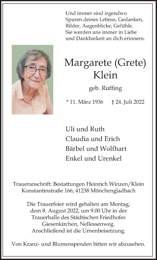 Traueranzeige von Margarete Klein von trauer.extra-tipp-moenchengladbach.de